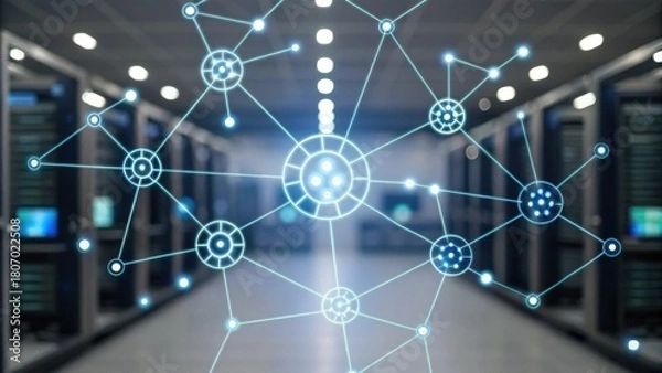 Obraz A futuristic depiction of a network with interconnected nodes, set against a backdrop of server racks in a data center.
