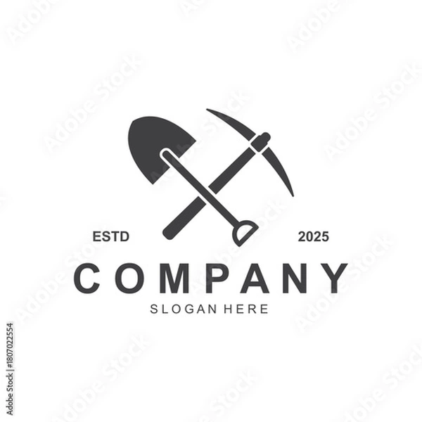 Fototapeta Shovel and pickaxe logo for agriculture, excavation, mining, gardening vector