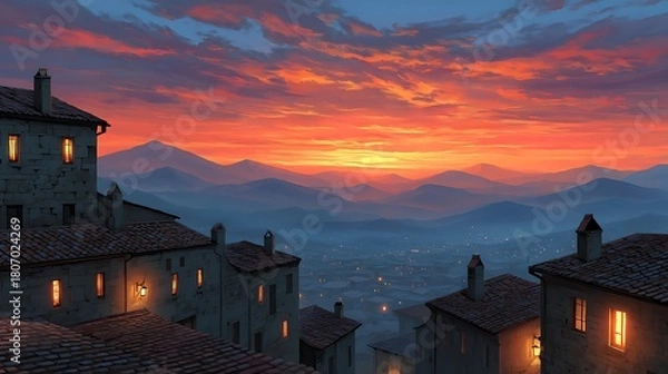 Fototapeta Serene Sunset Over Mountain Village with Cozy Houses and Warm Glowing Windows in Calm Evening Sky
