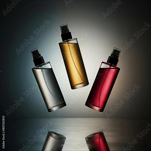 Obraz Three perfume bottles suspended in mid air with reflections