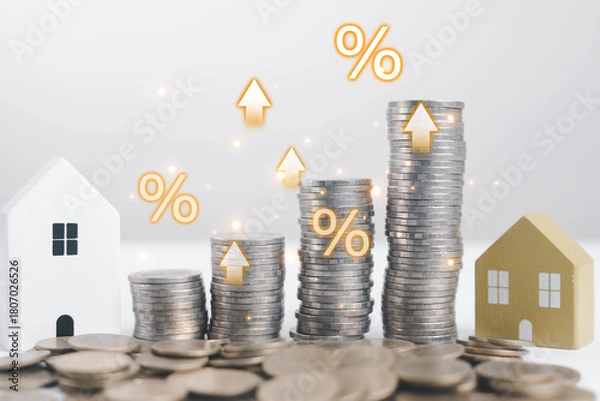 Fototapeta Rising stacks of coins with house models and glowing percentage symbols represent real estate investment growth, mortgage interest rates, and property finance concepts, ideal for market analysis.