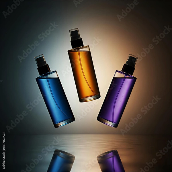 Obraz Three perfume bottles suspended in mid air with reflections