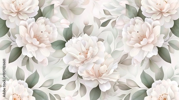 Fototapeta Elegant Floral Pattern with Soft White Peonies and Green Leaves on a Subtle Light Background