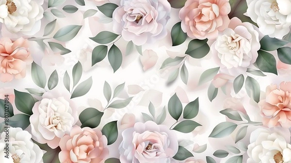 Fototapeta Delicate Floral Background with Soft Pink and White Roses and Green Leaves in a Subtle Lush Arrangement