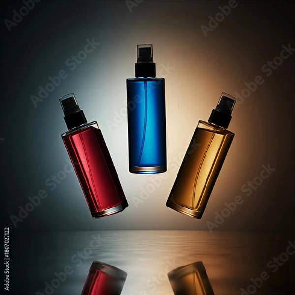 Fototapeta Three colorful perfume bottles suspended in air with reflections