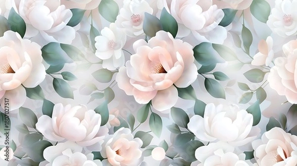 Fototapeta Delicate Floral Pattern with Soft Pink Roses and White Blossoms on a Light Background