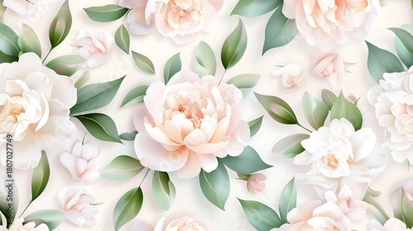 Fototapeta Elegant Floral Pattern with Soft Peonies and Lush Green Leaves on a Light Background