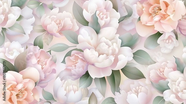 Fototapeta Elegant Floral Pattern with Soft Peonies and Gentle Leaves in Pastel Shades for Stylish Home Decor