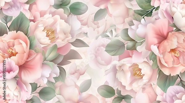 Fototapeta Soft Pastel Floral Background with Delicate Blooms and Greenery for Elegant Design Projects