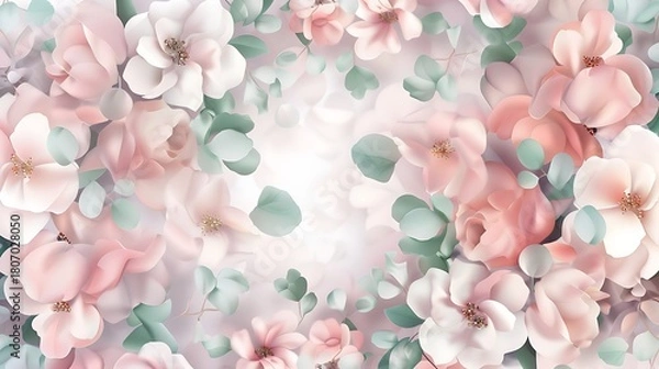Obraz Beautiful Floral Background with Soft Pink and White Blossoms and Greenery for Elegant Designs and Prints
