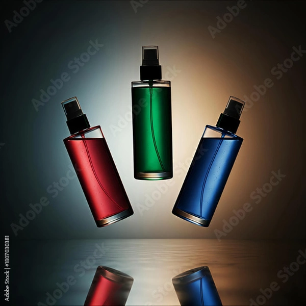 Fototapeta Three colorful perfume bottles suspended in air with reflections below