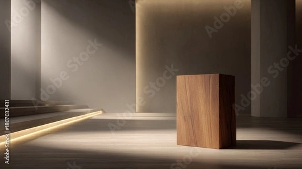 Fototapeta Minimalist interior scene with wooden podium bathed in soft light and shadow