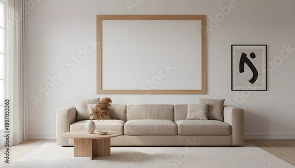 Fototapeta Minimalist living room with large wooden frame on white wall