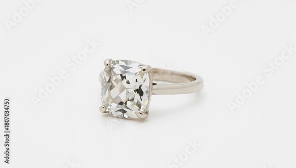Obraz Cushion cut vintage gemstone ring displaying soft square curves on plain white background