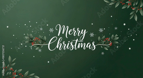 Obraz Handwritten text Merry Christmas on a dark green background with holly and snowflakes
