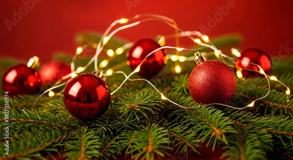 Obraz Festive Composition with Shiny Red Ornaments on Fir Tree Bough