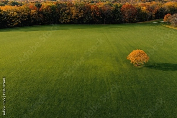 Obraz Aerial view of vibrant autumn meadow and forest with colorful foliage, distant golf course under clear sky, for travel and nature projects.