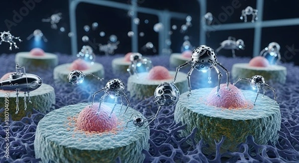 Fototapeta Nanobots navigating and interacting with human biological cells
