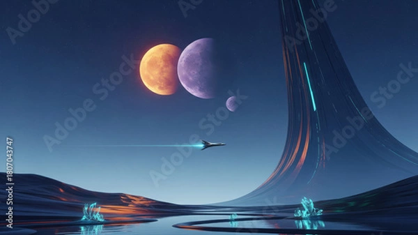 Obraz Alien Landscape with Planets, Spaceship, Ring Structure, and Crystals