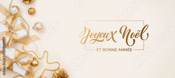 Fototapeta Joyeux noel and Bonee Annee. French Merry Christmas Modern calligraphy lettering on sticker for season greetings. Greeting card, frame, and banner. Holidays design.