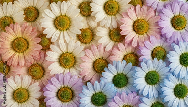 Fototapeta A Colorful Tapestry of Daisy Flowers in Pastel Hues Featuring Yellow Centers and Delicate Petals with Water Droplets in Soft Lighting