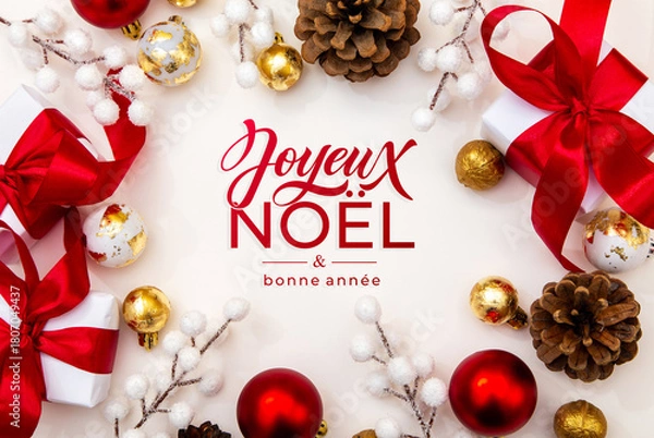 Fototapeta Joyeux noel and Bonee Annee. French Merry Christmas Modern calligraphy lettering on sticker for season greetings. Greeting card, frame, and banner. Holidays design.