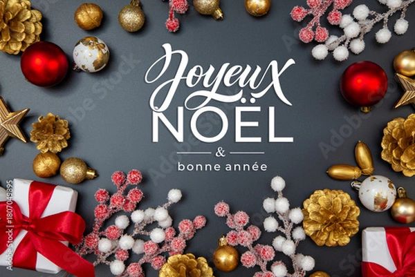 Fototapeta Joyeux noel and Bonee Annee. French Merry Christmas Modern calligraphy lettering on sticker for season greetings. Greeting card, frame, and banner. Holidays design.