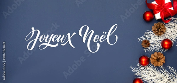 Fototapeta Joyeux noel and Bonee Annee. French Merry Christmas Modern calligraphy lettering on sticker for season greetings. Greeting card, frame, and banner. Holidays design.