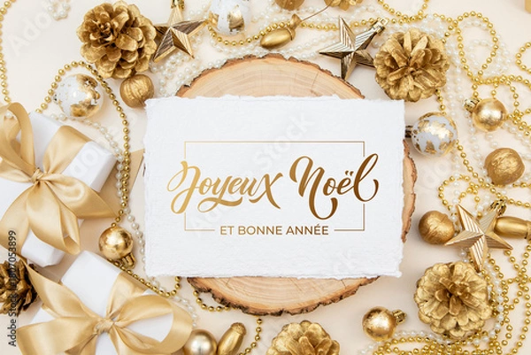Fototapeta Joyeux noel and Bonee Annee. French Merry Christmas Modern calligraphy lettering on sticker for season greetings. Greeting card, frame, and banner. Holidays design.