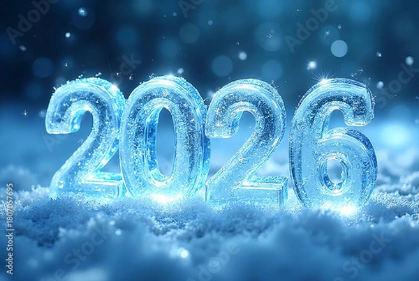 Fototapeta Frozen Crystal “2026” Carved in Ice with Blue Winter Glow — Sparkling Frosty New Year Background