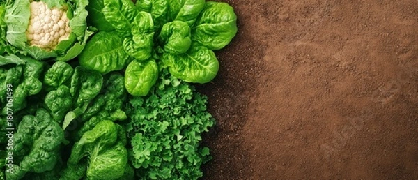 Fototapeta Assorted fresh green leafy vegetables and cauliflower arranged on textured earthy background, reflecting natural bounty and healthy living concepts.