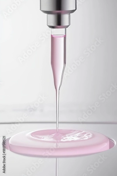 Fototapeta Liquid drops from scientific instrument into pink fluid, close up, research lab equipment, scientific process, precision, fluid dynamics, sterile environment.