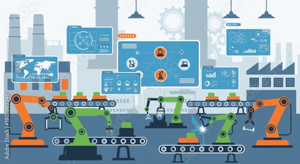 Fototapeta Automated factory assembly line with robotic arms assembling products, monitored by digital interfaces, with factory background.