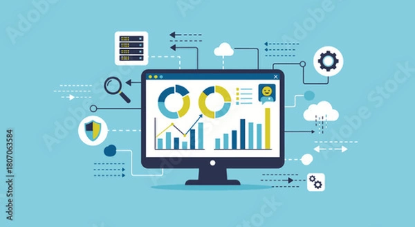 Fototapeta Illustration of data analysis on a computer screen with charts, graphs, and connected icons representing cloud services and security.