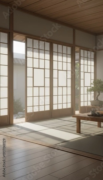 Obraz Traditional Japanese Room with Shoji Screens Open to a Courtyard Garden and Bonsai Tree Detail Sunlight and Shadows Across Tatami Floor