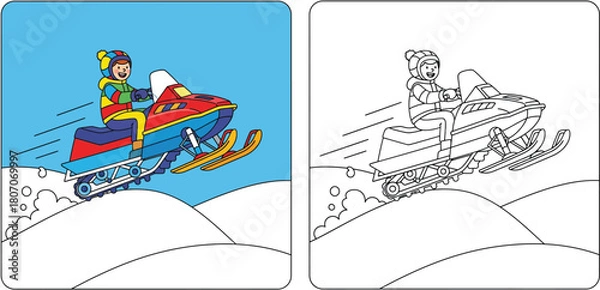 Fototapeta Coloring book page for kids with colorful example and outline sketch of a happy boy riding a snowmobile fast in winter snow vector illustration