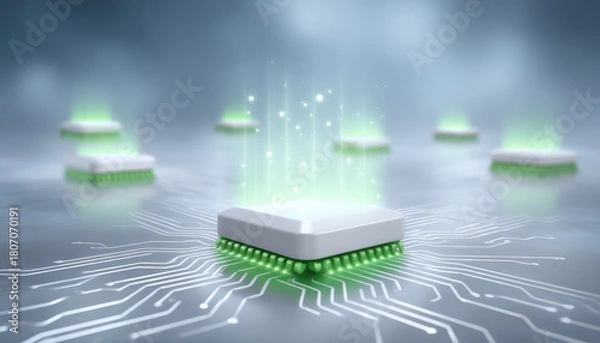 Fototapeta Glowing microchip with circuitry and data transfer, futuristic technology scene