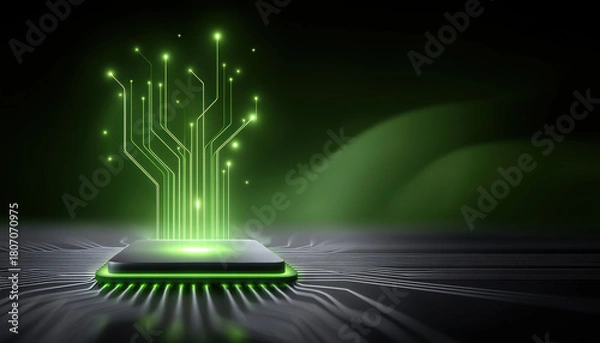 Fototapeta Green circuit chip glowing with digital tree connection and futuristic energy