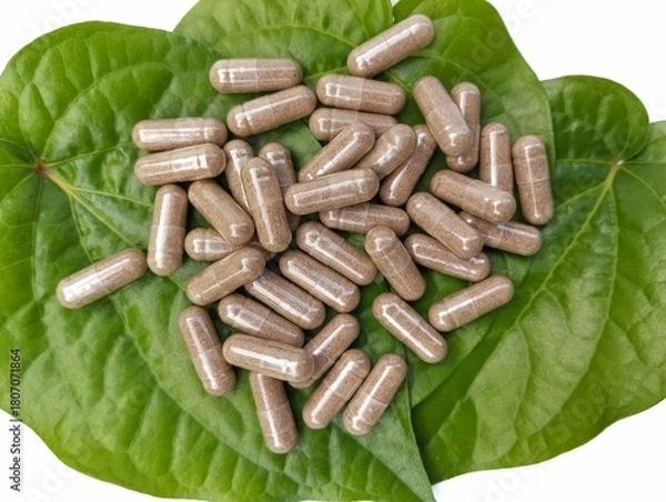 Fototapeta Herbal capsules with leaf isolated on white background. Organic food supplements 