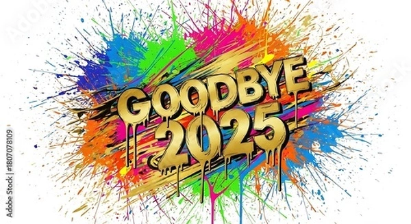 Obraz Golden goodbye 2025 text over colorful paint splatter design art