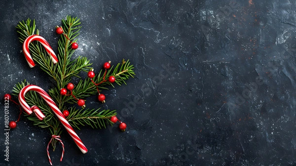 Fototapeta Christmas Card - Loading Concept - Tree And Candy Canes On Black Stone 