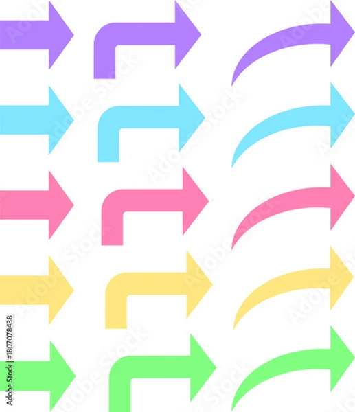 Fototapeta 矢先短めのシンプルで使いやすい3種矢印(シンプル、曲がり、ジグザグ)、5色セット_パステルカラー(ピンク、黄、緑、水色、紫)