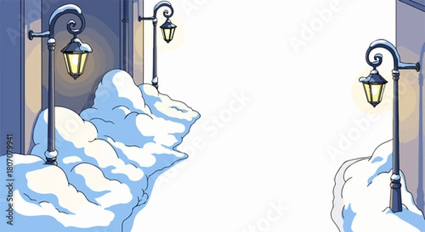 Fototapeta Winter scene with glowing lamps in snowdrifts creating winter wonderland. Winter scene features frosty snow covering street lamps, casting warm light. Enjoy winter scene for holiday greetings.