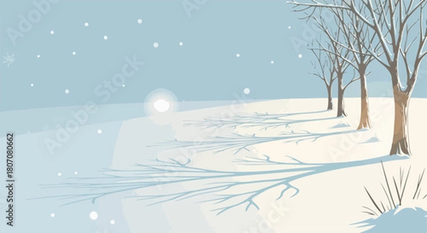 Fototapeta Winter scene showcases snow covered land and bare trees under a soft, muted sky. Captivating winter scene reveals bare tree branches casting long shadows across snow.