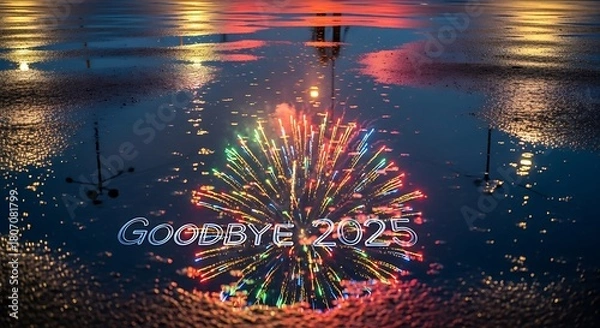 Fototapeta Reflection of fireworks and goodbye year text on wet pavement