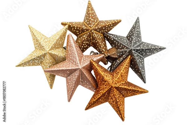Obraz Shining Ornaments: A collection of uniquely textured, star-shaped ornaments of various metallic hues glistens and shimmers, inviting festive cheer and celebratory vibes.