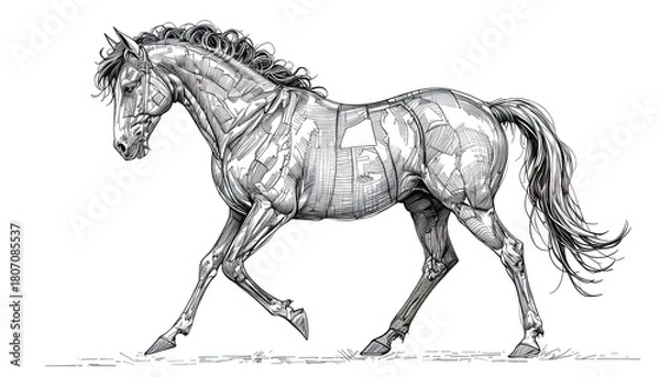 Fototapeta Dynamic monochrome horse illustration with intricate line work evoking strength and elegance, perfect for artistic projects or equestrian themed designs