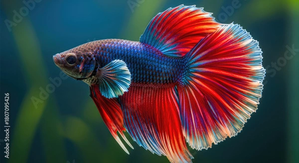 Fototapeta Majestic Siamese Fighting Fish: A Vibrant Display of Red and Blue in Aquatic Elegance of Beautiful Colors Displayed with Decorative