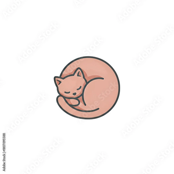 Fototapeta Minimalist illustration of a sleeping cat curled up in a pink circle with a dark outline on a white background.