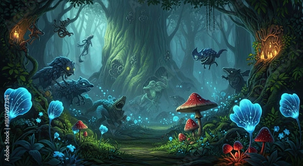 Fototapeta Mystical Forest with Glowing Flora and Mythical Creatures in a Dreamy Landscape, Emitting Eerie Vibes and Dark Magic, Perfect for